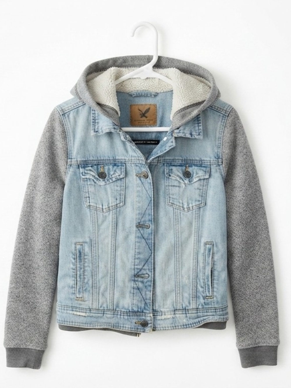 American Eagle Outfitters Light Wash Denim Jacket with Gray Sleeves